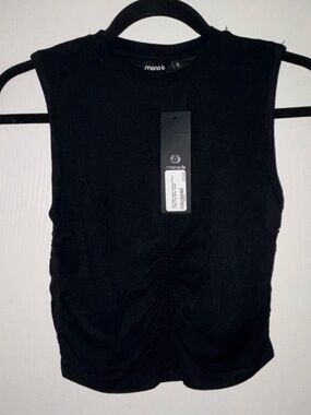 Mono B Black Sleeveless Ruched Crop Tank